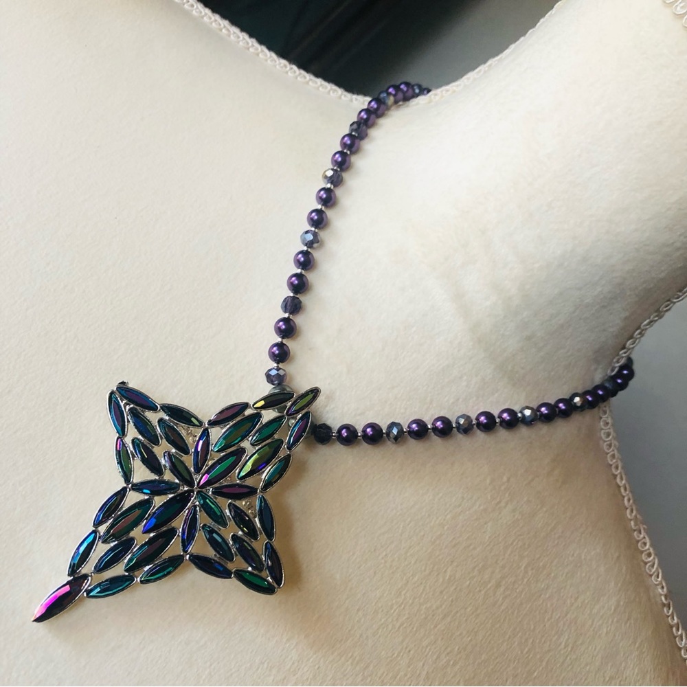 Handcrafted repurpose marquis stone cross pendant Czech glass Pearl necklace